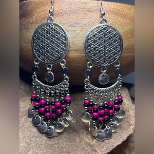 Double silver charm/flower of life chandelier style earrings